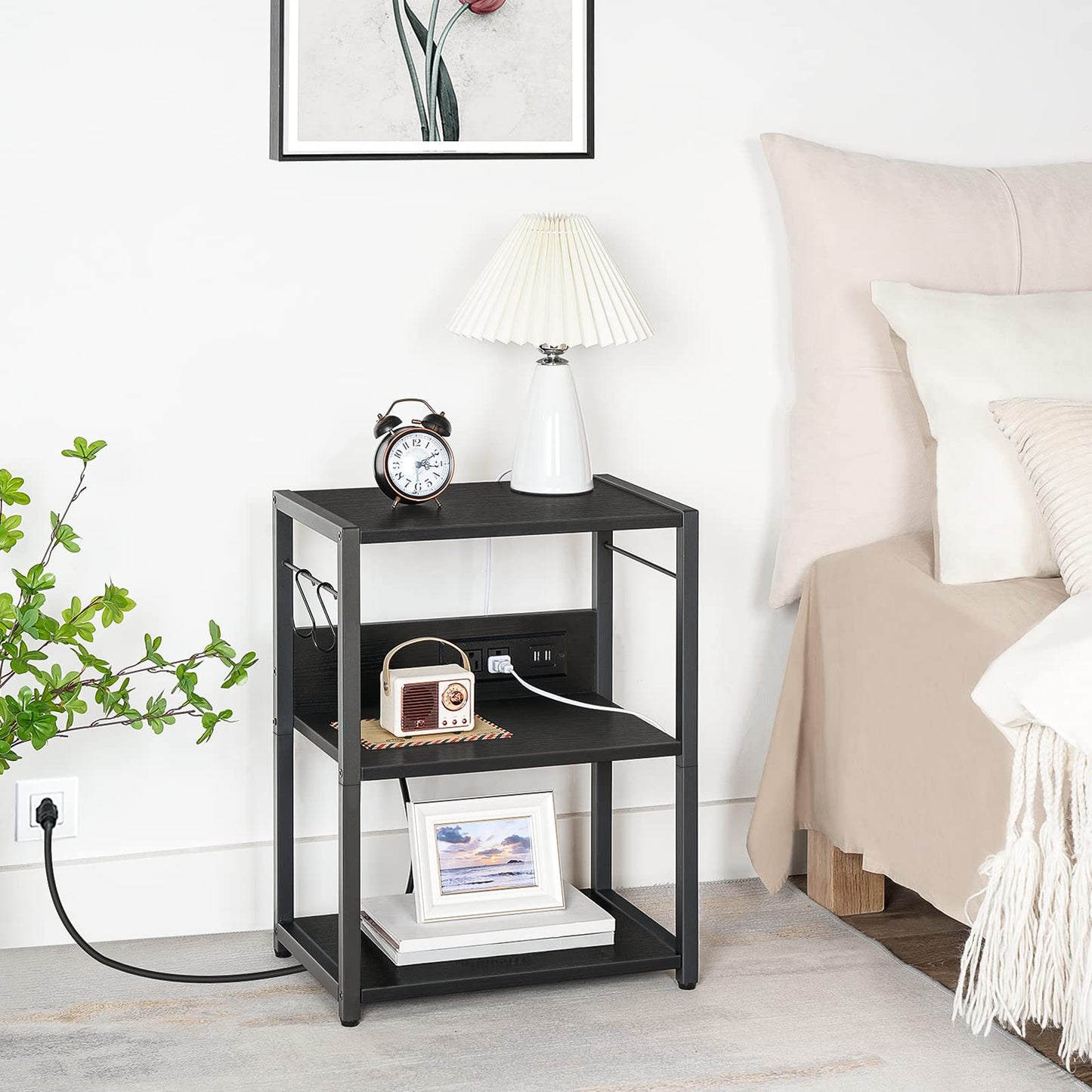 MAHANCRIS Industrial Printer Cart, 3-Tier Mobile Printer Stand, Rolling Cart with Power Outlets and USB Ports, Home Printer Stand with 2 Hooks, for Office, Living Room, Black PTHB40E01