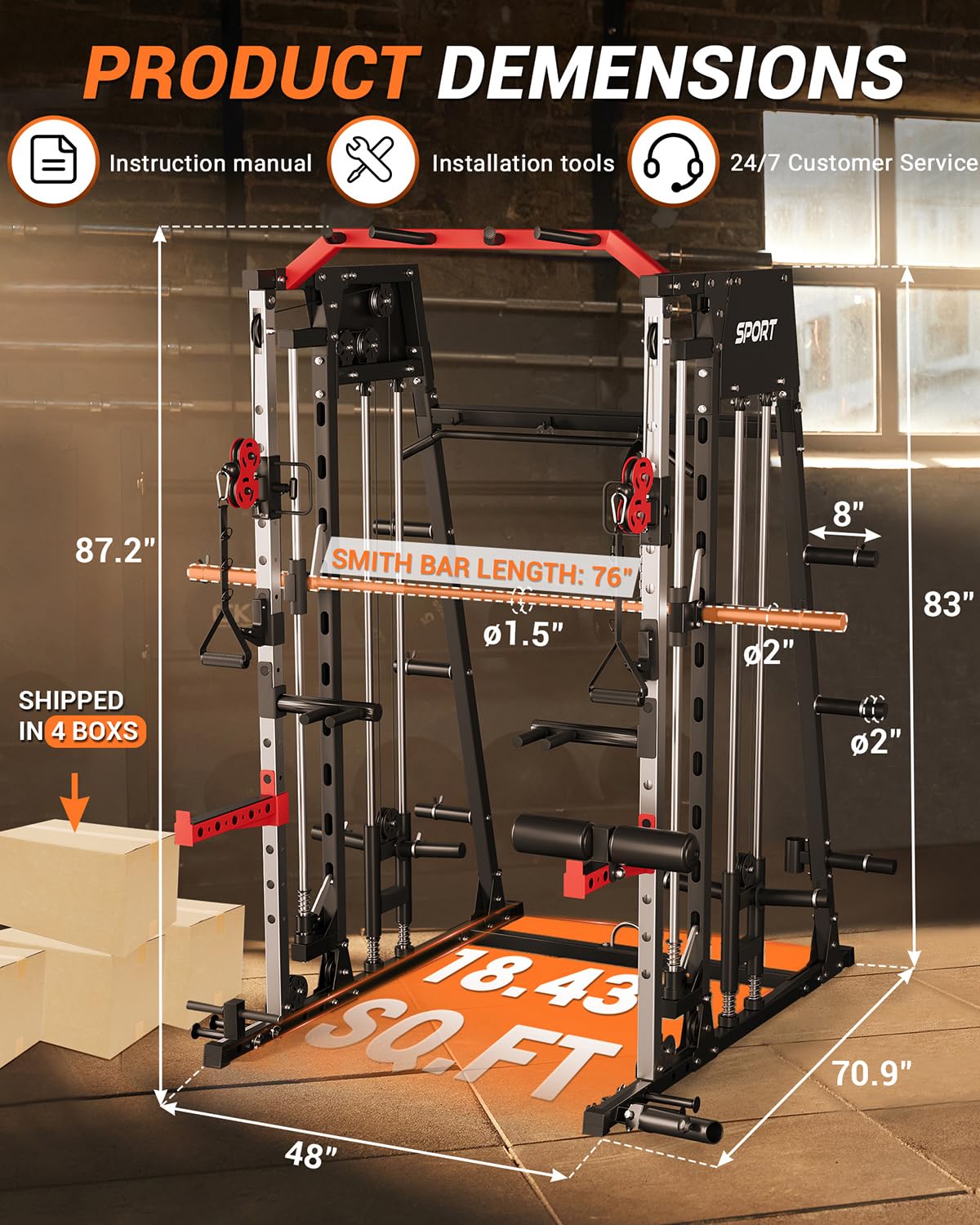 Smith Machines Home Gym with Bench, Squat Rack with Weight Bar, Dual LAT Pull-Down Systems & Cable Crossover Machine for Full-Body Workouts Training, Red & Black