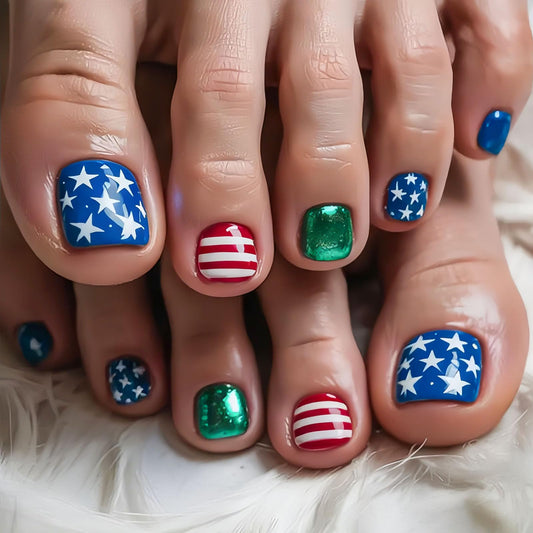 RUOKEXIN 4th of July Press on Toenails Short Square Fake Toenails with American Flag Designs 250th Anniversary USA Toe Nail Press ons Sparkly Artificial Nails for Women 24Pcs
