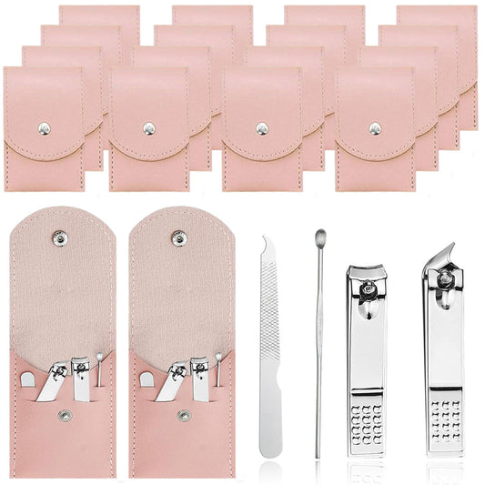 16 Sets Travel Manicure Set Professional Nail Clipper Kit Bulk,4 in 1 Adult Stainless Steel Travel Manicure Kit with Case Individually Wrapped Nail Clippers Bulk for Homeless,Hotel,Charity（Pink）