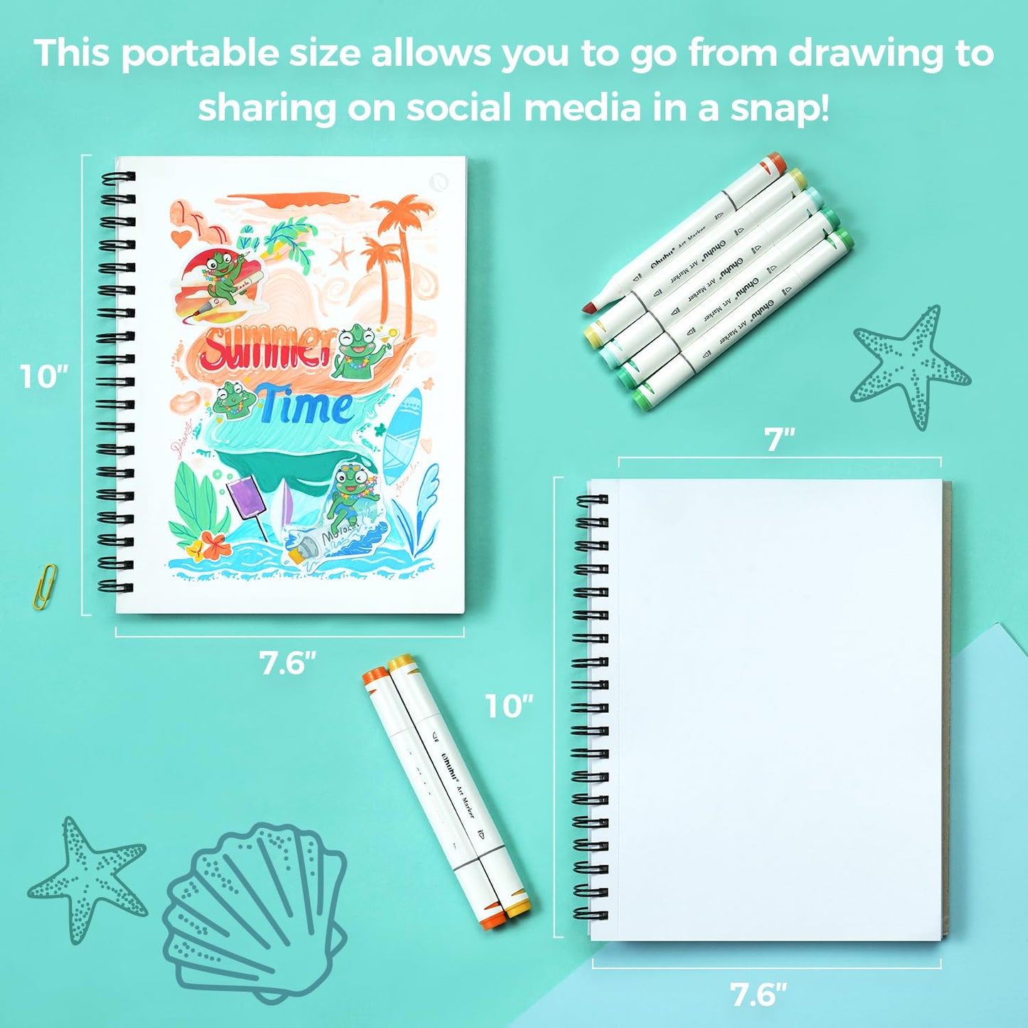 Ohuhu Double-Sided Marker Pad Art Sketchbook Bleedproof - 7"x10" Large Paper Size - 90 lb/150 gsm Smooth Drawing Paper - 60 Sheets/120 Pages - Spiral Bound Sketching Book for Alcohol Markers