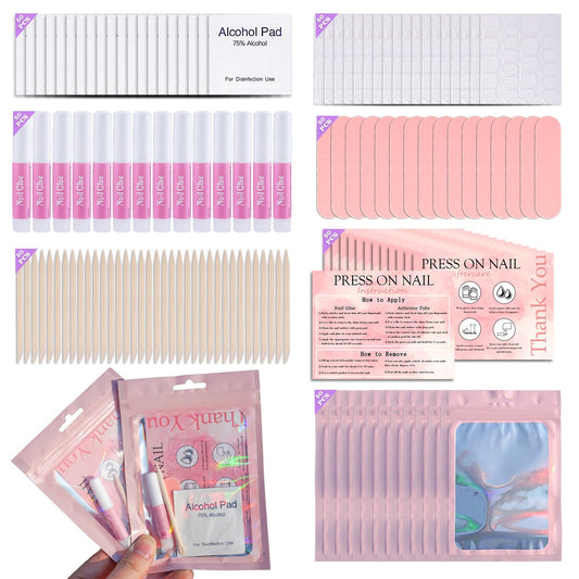 Disposable Nail Supplies Kits,Professional Manicure Press On Nail Tool Kit with Nail File,Adhesive Tabs,Nail Glue,Sticks, Prep Pads,Bags,Cards for Nail Business (350pcs50set-pink)