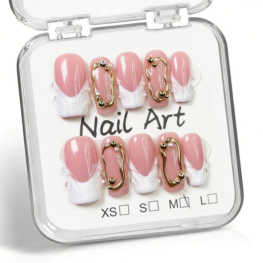 10 Pcs Handmade Press on Nails Medium Square Fake Nails with 3D Glod Curve Design White French Tip False Nails Pink Acrylic M Size Press Ons Nails Square for Women Nail Art