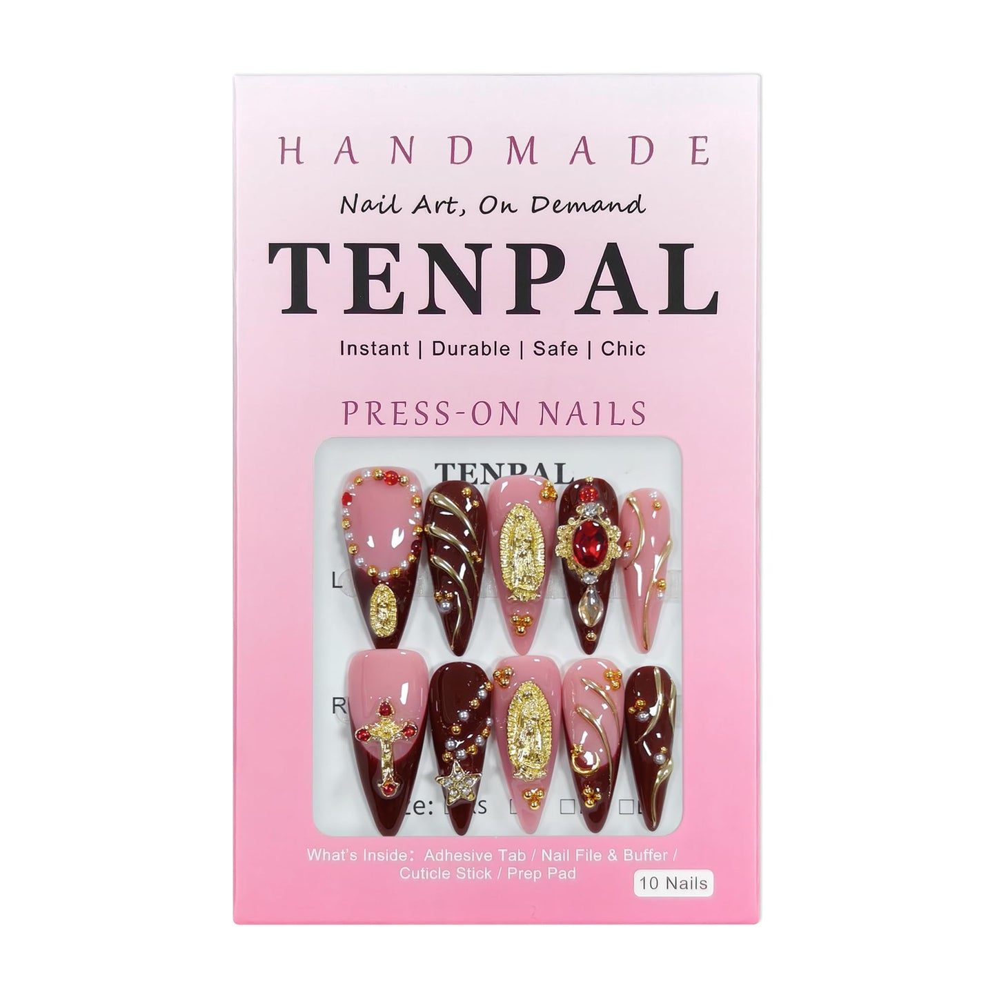 TENPAL Handmade Press on Nails Long Stiletto - Nude Pink Wine Cross Design Fake Nails with 3D Religious Charm | Acrylic Glossy Icy False Nails with Tools | Chapelcore Y2K Nails(S)
