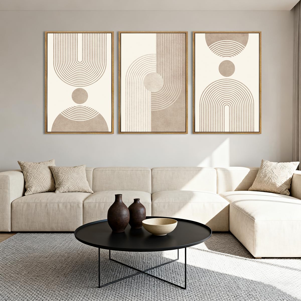 BINCUE Beige Neutral Canvas Wall Art Framed Geometric Abstract Wall Decor Mid Century Modern Artwork Wall Decor for Living Room Bedroom Office 16"x24" Set 3 Gift