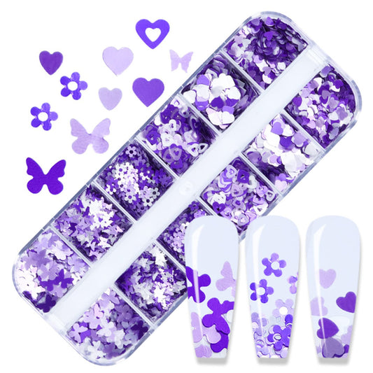 Holographic Purple Glitter Nail Art Sequins, 3D Glitters Flakes Nail Art Design, Love Heart Flowers Butterflies Acrylic Nails Supplies Accessories False Fingernails Manicure Charms Decorations Set