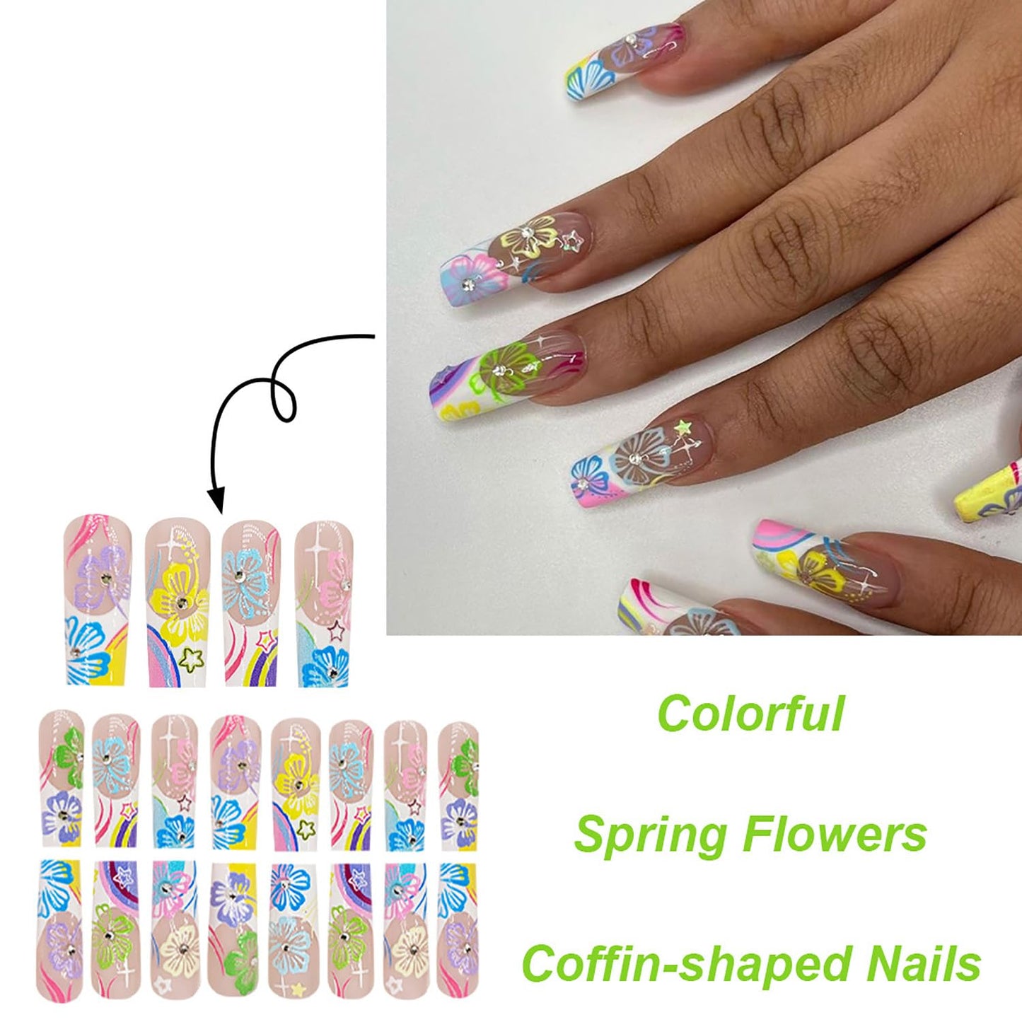 EYZOTSF Press on Nails Long Coffin Shaped Acrylic Square False Nails with Designs Artificial Extra Long Length Coffin Fake Nails with Charms Glue Stick ons Fingernails for Women Girls(JB630)