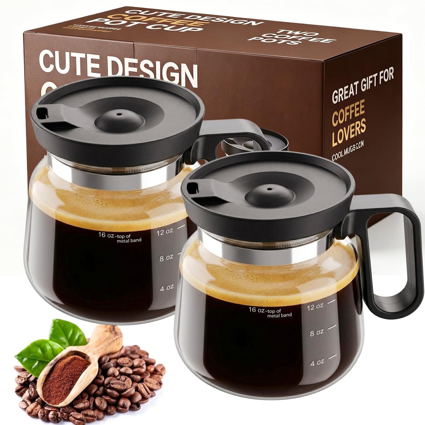 2 PCS Coffee Pot Mug with Lid,16 Oz Glass Mini Coffee Cup Set | Spill Proof Heatproof Large Capacity Clear Travel Mug & Novelty Gift for Coffee Lovers & Office Desk
