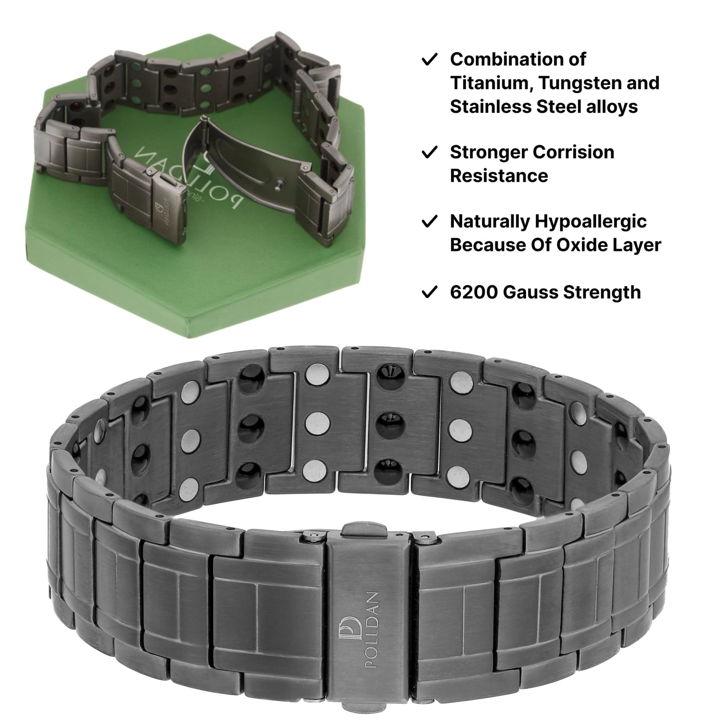 POLLDAN® Magnetic Bracelets For Men with 6200 Gauss Power | 3X Strength Mens Bracelet | Men's Jewelry with Fold-Over Clasp, Adjustable Length, Gift Box | Pulseras Magneticas Para Hombres (Gunmetal)