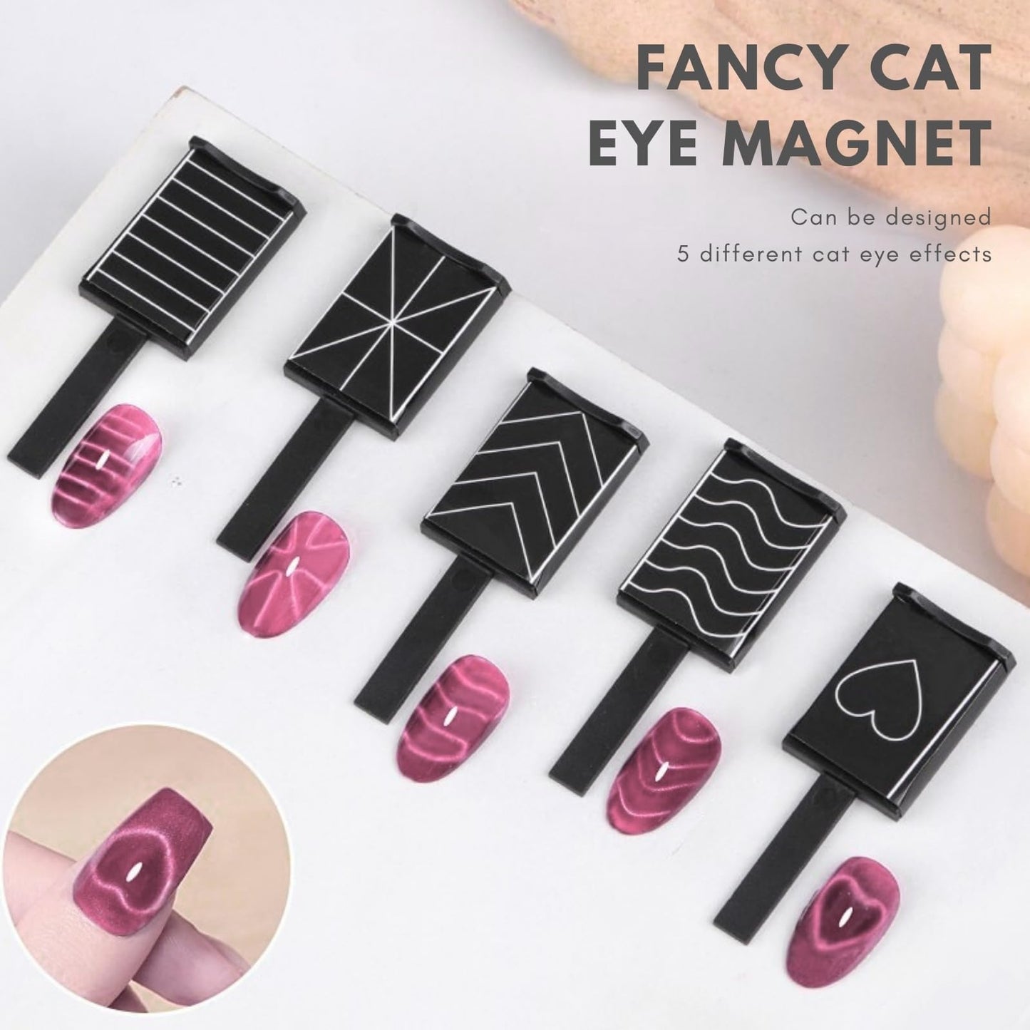 Nail Polish Magnet, 6-in-1 Cat Eye Magnet Kit for Nails, 3-in-1 Nail Polish Magnet Nail Art Tools with 5 Magic Design Plates, For Home DIY & Salon Use, Create Salon Looks Easily (Pink)