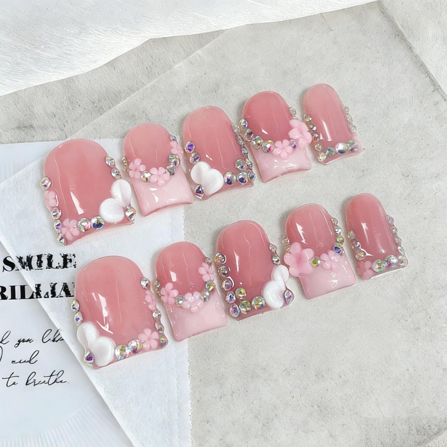 10 Pcs Handmade Press on Nails Short Square Fake Nails with Pink 3D Flower Rhinestones Design White French Tip False Nails Pink Acrylic M Size Press Ons Nails Square for Women