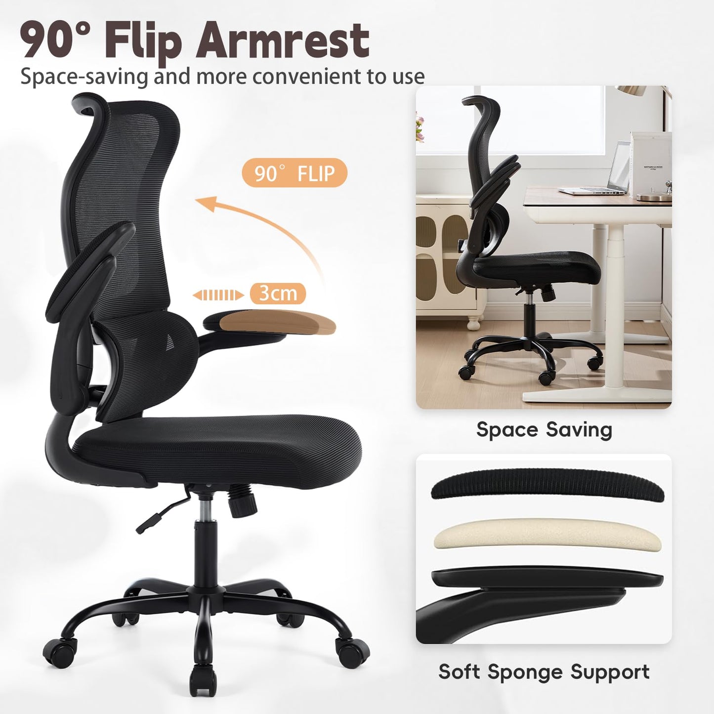 Ergonomic Office Chair, High Back Breathable Mesh Computer Desk Chair with Adjustable Lumbar Support and Flip-Up Armrests, 300LB Capacity Executive Swivel Task Gaming Seat for Home and Office (Black)