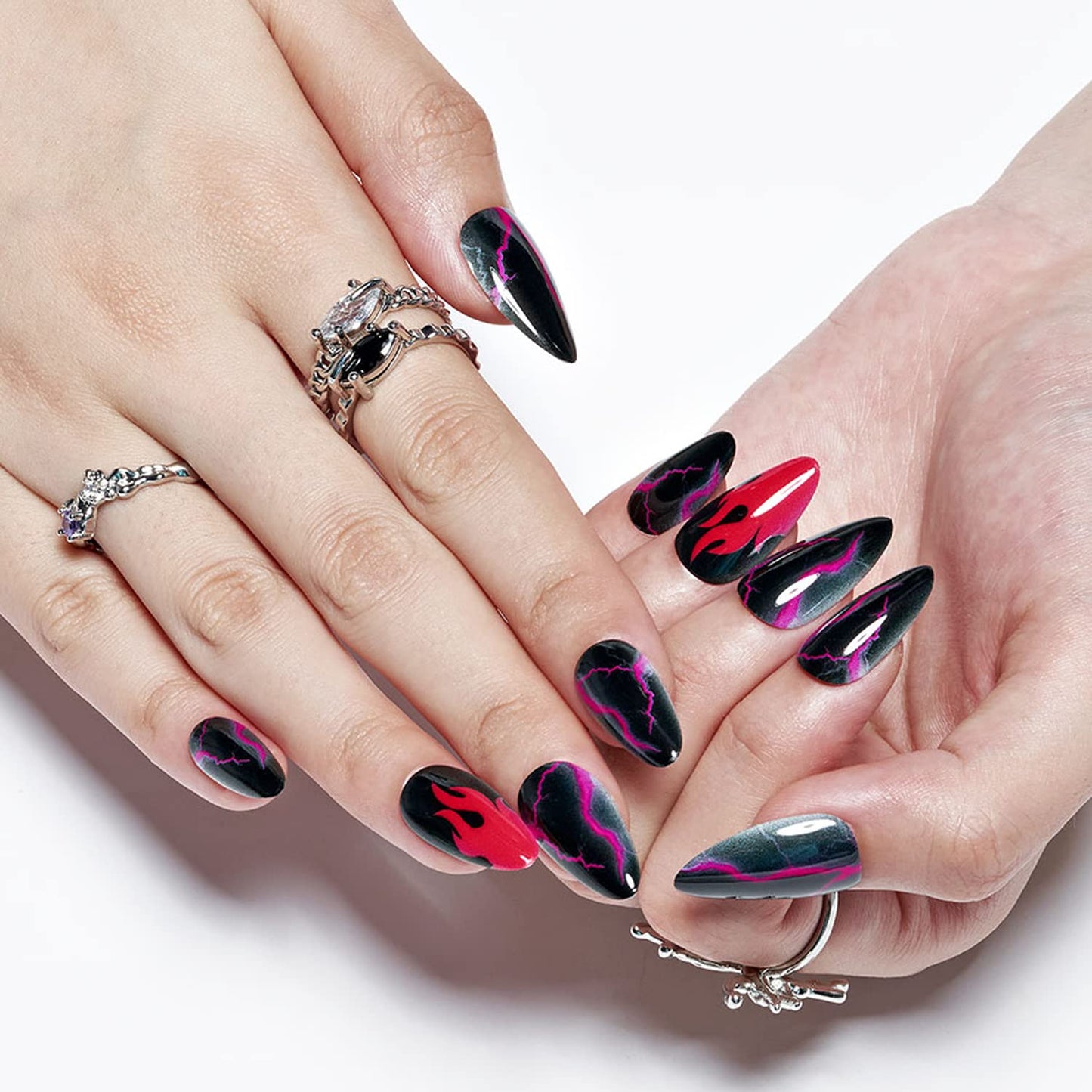 Almond Press on Nails with Red Thunder, GLAMERMAID Black Oval Fake Nails with Design, UV Glossy Finish Cartoon Acrylic False Nail Kits, Fire Stick Glue on Nails Sets Reusable Full Cover Nails for Women Girls Gift, 24Pcs