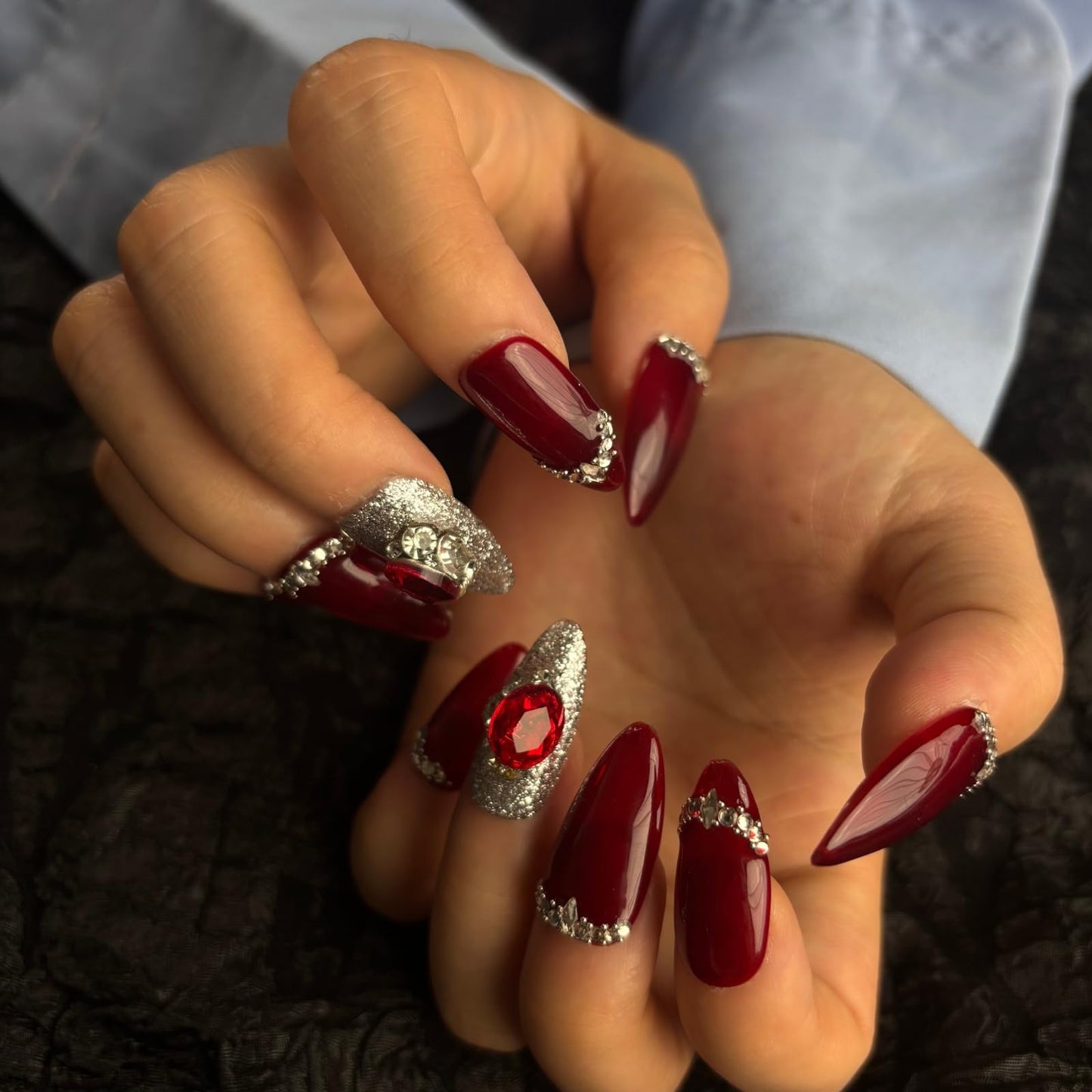 AKA Unicorn Handmade Press On Nails Medium Almond Shape,10Pcs Red Rhine stone Acrylic Fake Nails,Glue On Nail with 3D Charms for Woman Daily Wear&Wedding（Design Concept:Forever Love）