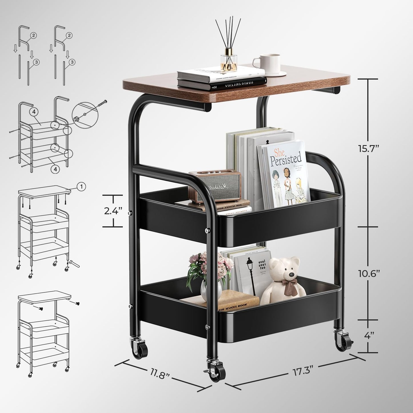 Y YOMA 3 Tier Rolling Utility Cart with Table Top, Metal Storage Organizer with Wheels for Small Space, Office, Kitchen, Bathroom, Dorm, Coffee Station - Black