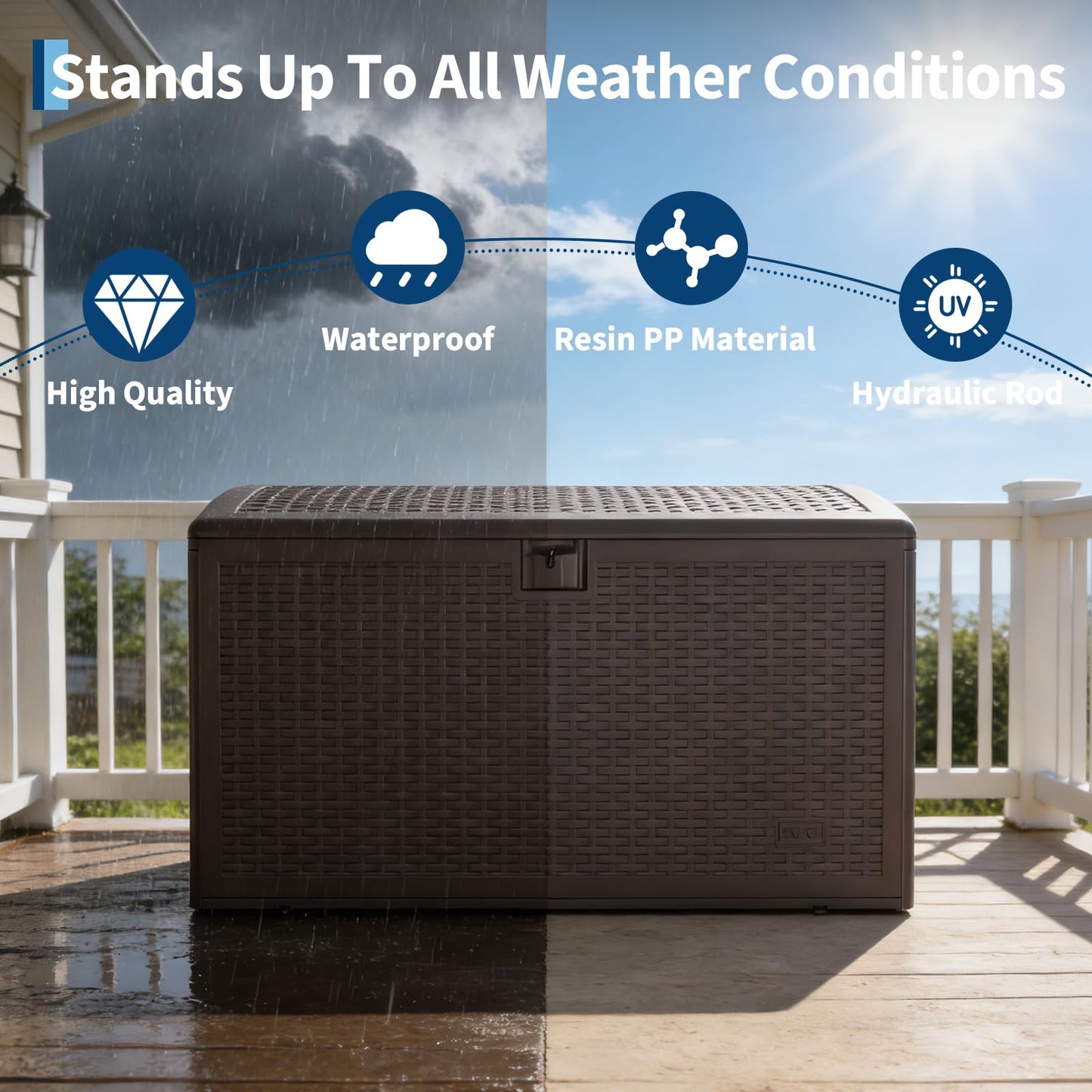 PeacefulHues 120 Gallon Waterproof Large Resin Deck Box Indoor Outdoor, Lockable Storage Container for Patio Furniture Cushions, Throw Pillows, Garden Tools, and Pool Floats, Brown