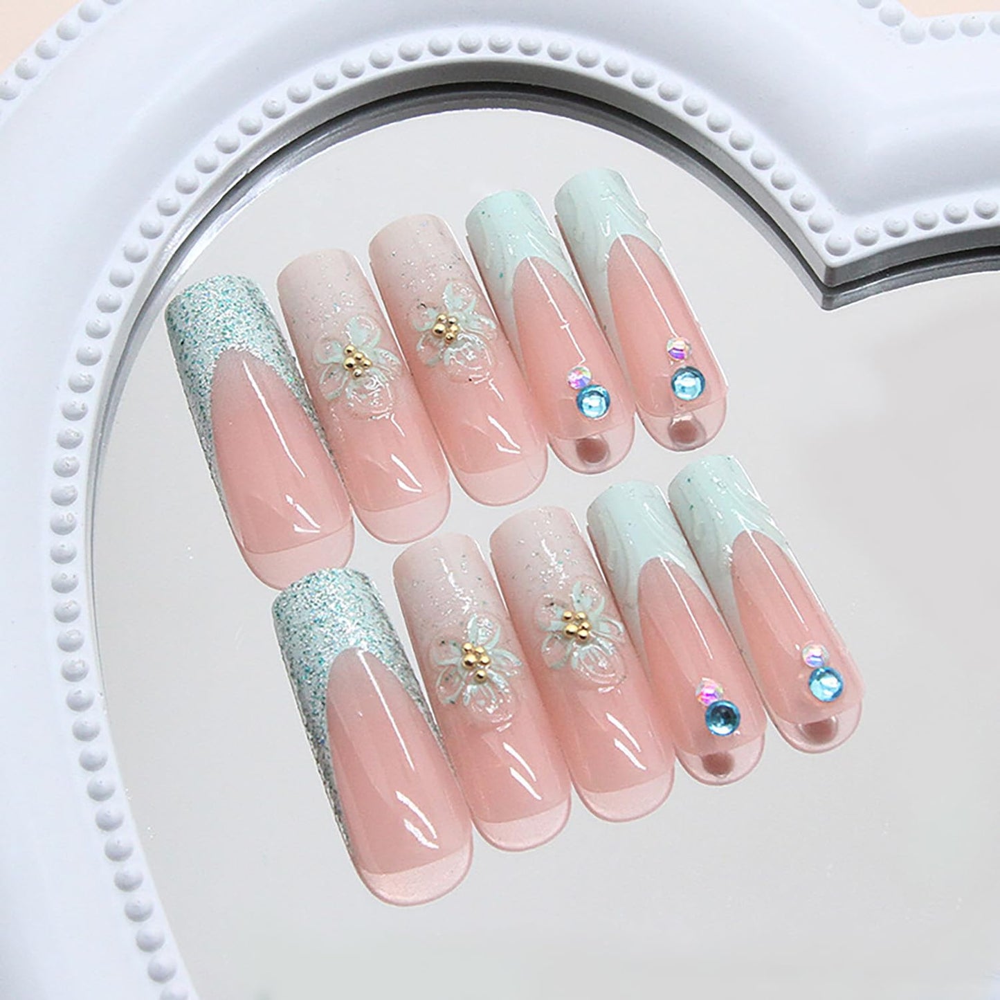 EYZOTSF Press on Nails Long Coffin Shaped Acrylic Square False Nails with Designs Artificial Extra Long Length Coffin Fake Nails with Charms Glue Stick ons Fingernails for Women Girls(Z1015)