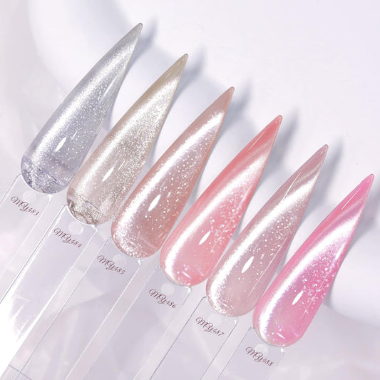 Born Pretty Cat Magnetic Eye Gel Nail Polish Set,6 Color Nude Pink Silver Shimmer Glitter Holographic Magnetic Soak Off U V Gel Polish DIY Art for Girls Women 7ML