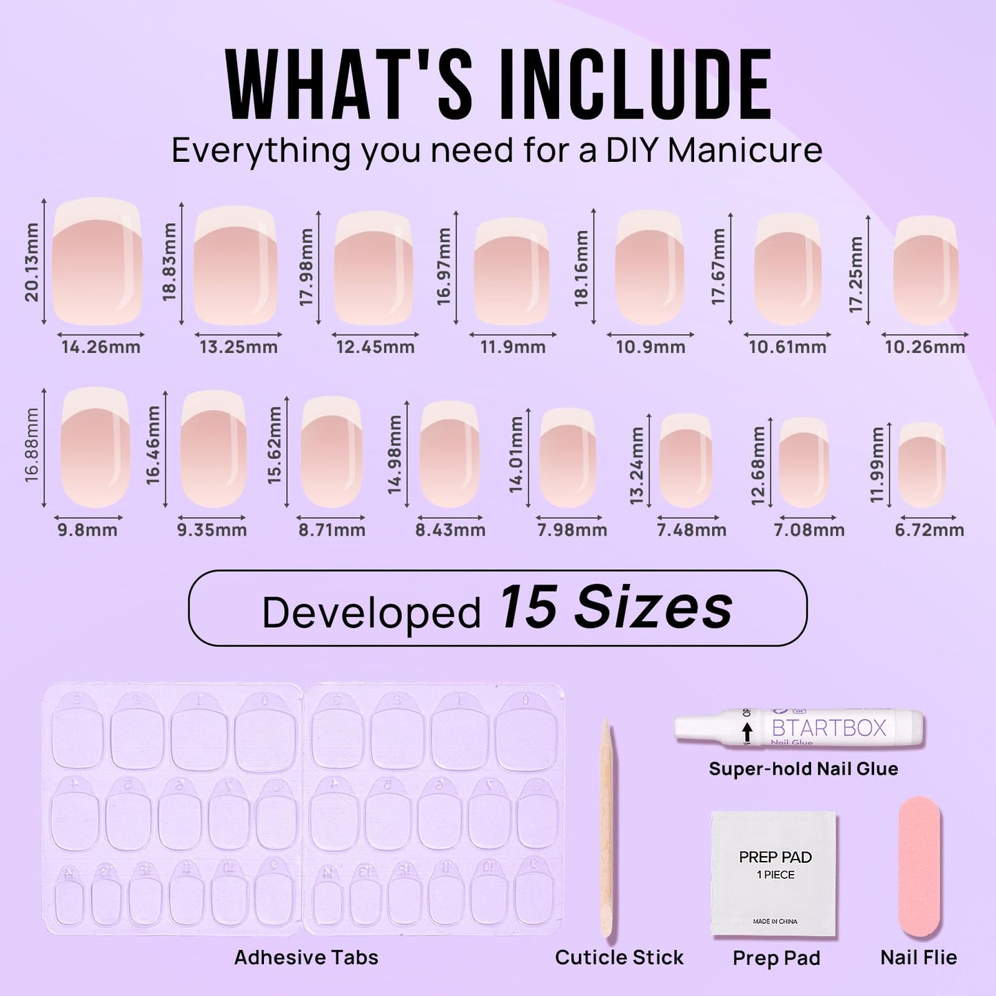 BTArtbox Press on Nails Square - French Tip Press On Nails Short, Seamless Fit Glue on Nails for Nail Art Manicure, 15 Sizes, French Girl