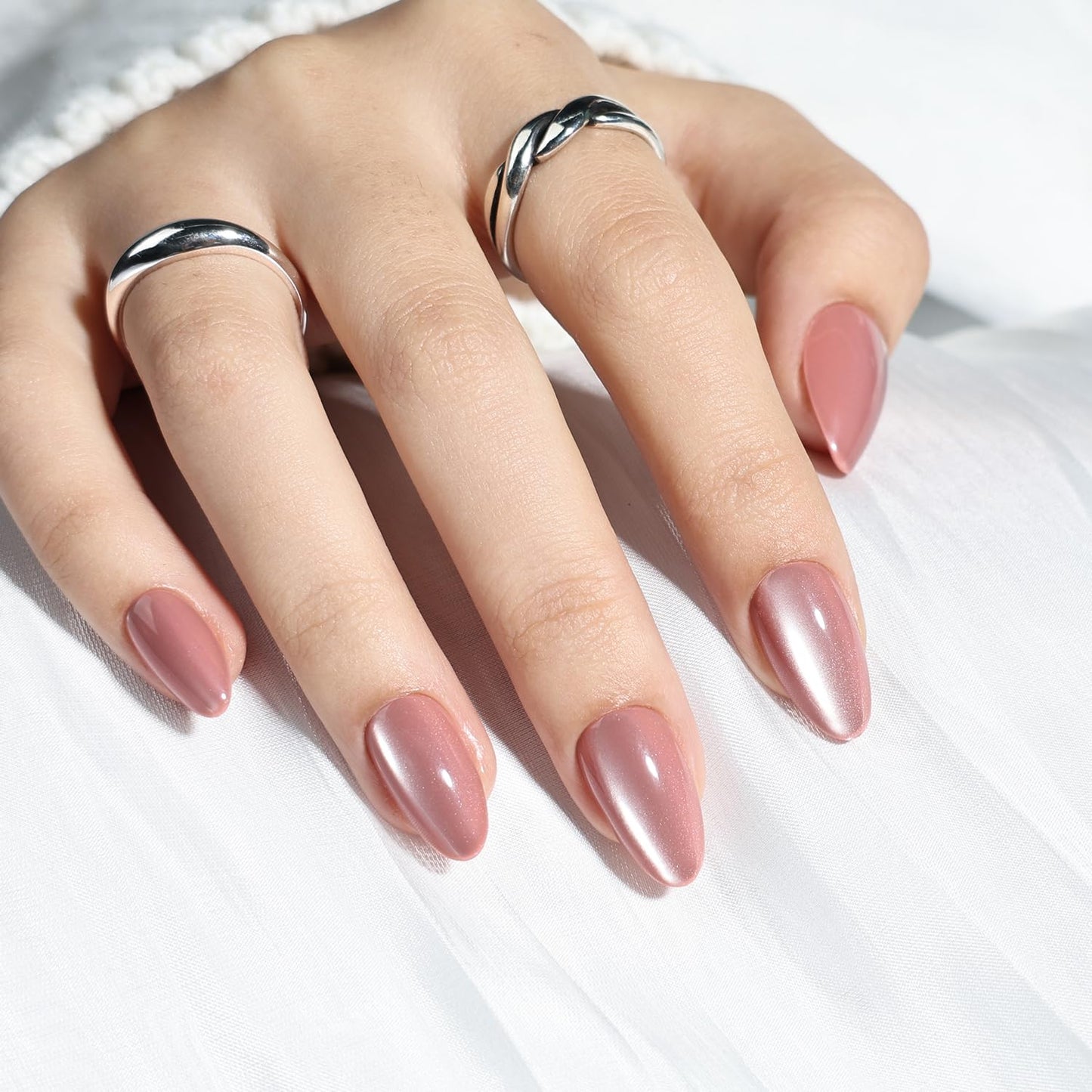 Leefrei Cat Eye Press On Nails - Glazed Pink Press On Nails Short Almond Nails Press Ons for Women Fake Nails with Glue, Glossy Reusable Glue on Nail in 16 Sizes - 32pcs, Blush Aurora