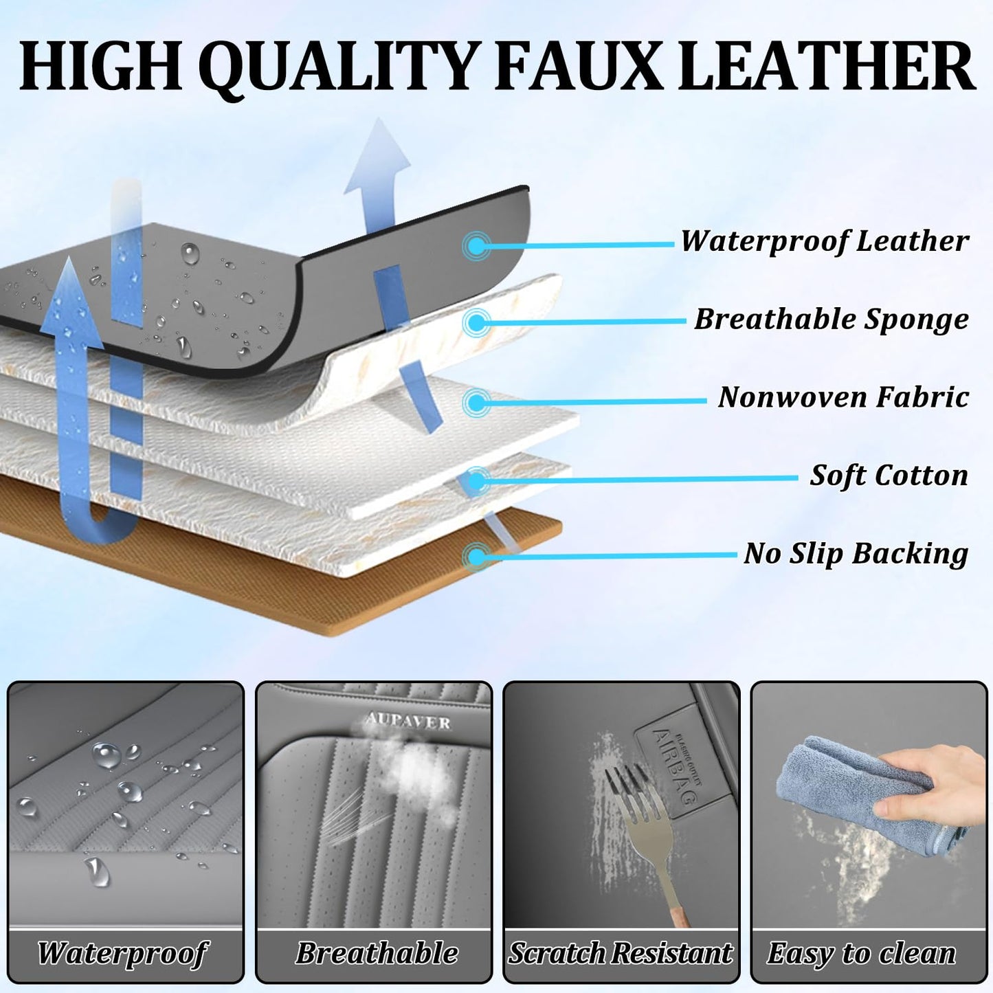 Aupaver Seat Covers, Waterproof Car Seat Cover for Cars 5 Seats, Universal Leather Seat Covers, Front & Rear Automotive Seat Covers Car Seat Cushion, Leatherette Seat Protector for Most Cars, Gray