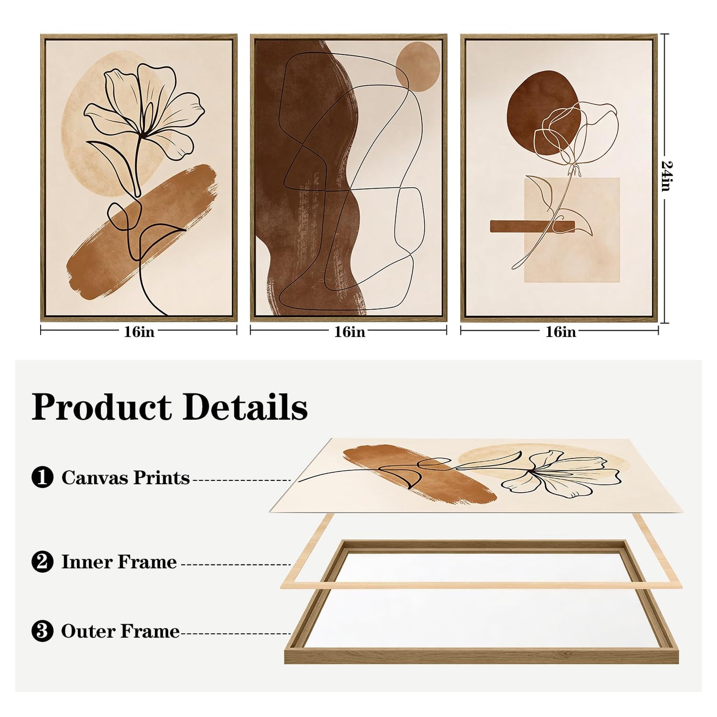 3Pcs Large Framed Botanical Canvas Wall Art, Modern Neutral Plant Abstract Canvas Prints, Minimalist Nature Wall Decor, Large Wall Art for Living Room Bedroom Office Farmhouse Decor 16 * 24in