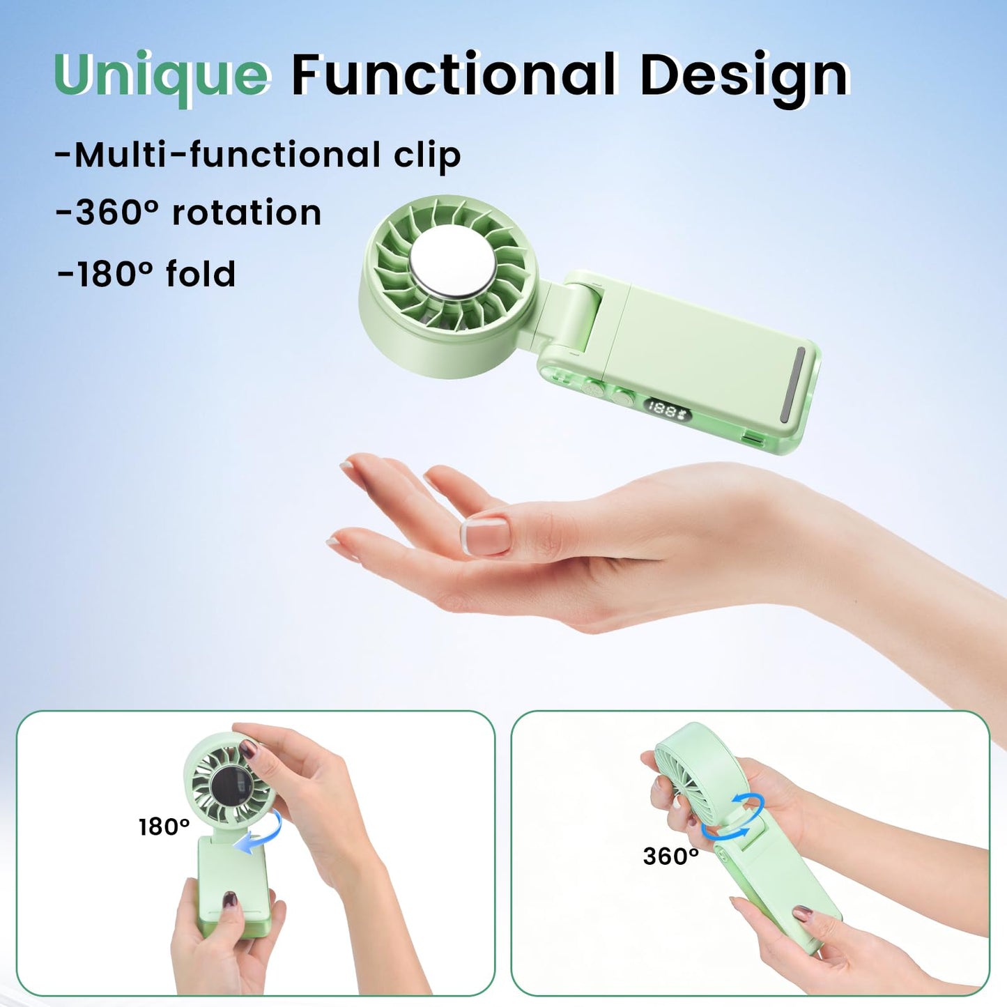 HEEYCEM 4-IN-1 Clip-On Portable Fan Rechargeable Handheld Mini Fan with lce Cooler,5 Gear High Speed 360° Rotatable Small Pocket Fans, for Outdoor, Travel, Beach, and Office (Green)