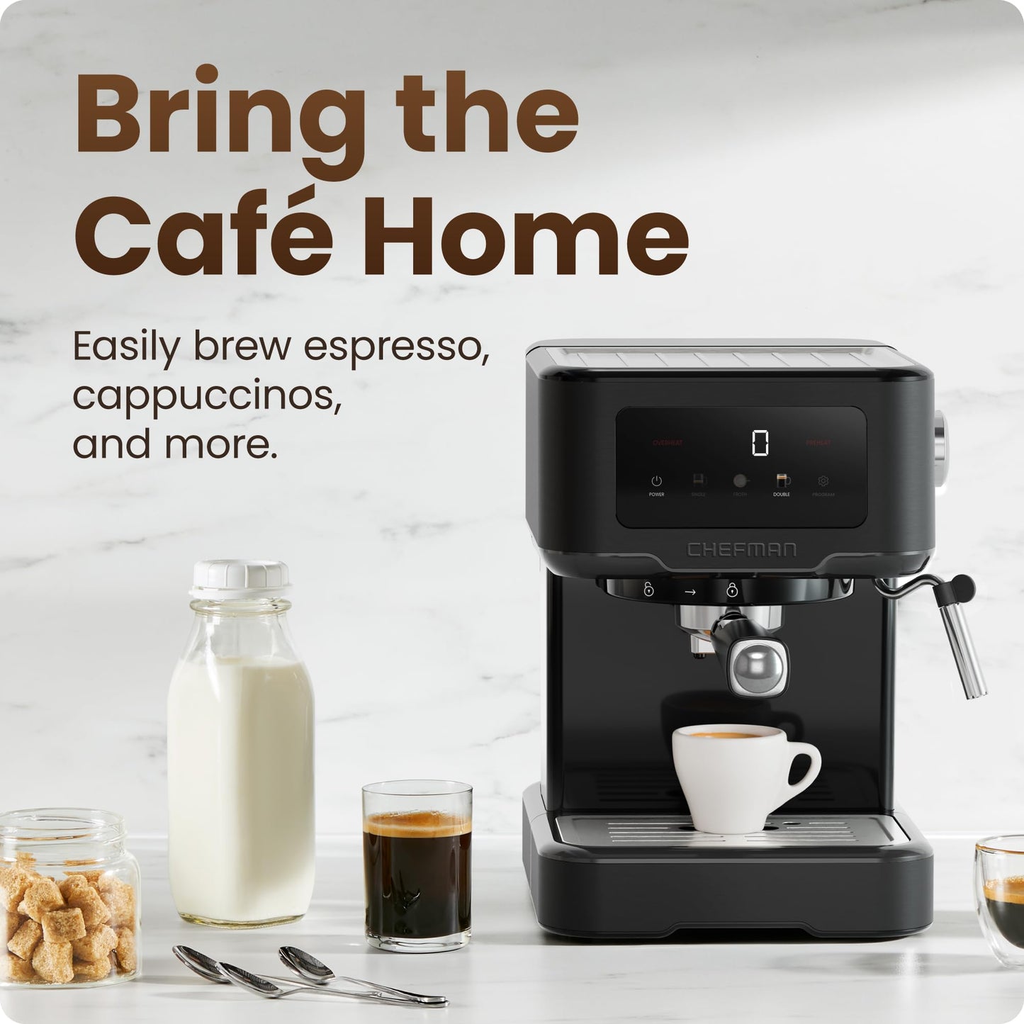 Chefman CraftBrew Espresso Machine, 15-Bar Pump Digital Espresso Maker w/Steam Wand for Latte & Cappuccino, Compact Espresso Coffee Machine w/ 1.5L Removable Water Reservoir - Stainless Black