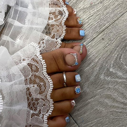 yefiuo 3D Drop Flowers Press on Toenails White French Toe Press on Nails Tips Kit Fake Toe Nails Press ons False Toenails Rhinestones Acrylic Glue on Nails Stick on Nails for Women Nail Supplies 24Pcs