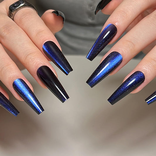 KKUUOO Press On Nails - Long, Blue Glitter False Nails with Design, Shiny Acrylic Finish, Full Cover, Reusable Stick On Nails for Women & Girls