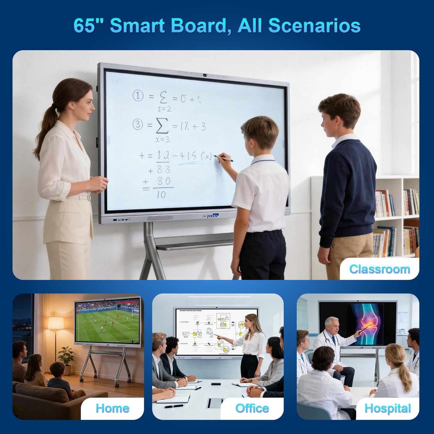 JYXCN 65" Smart Board, UHD 4K Interactive Digital Whiteboard Smartboard Android 11 & Windows 10 Dual System 8+256 GB & 20MP Camera | Touchscreen Electronic Smart Boards for Classroom Office Home