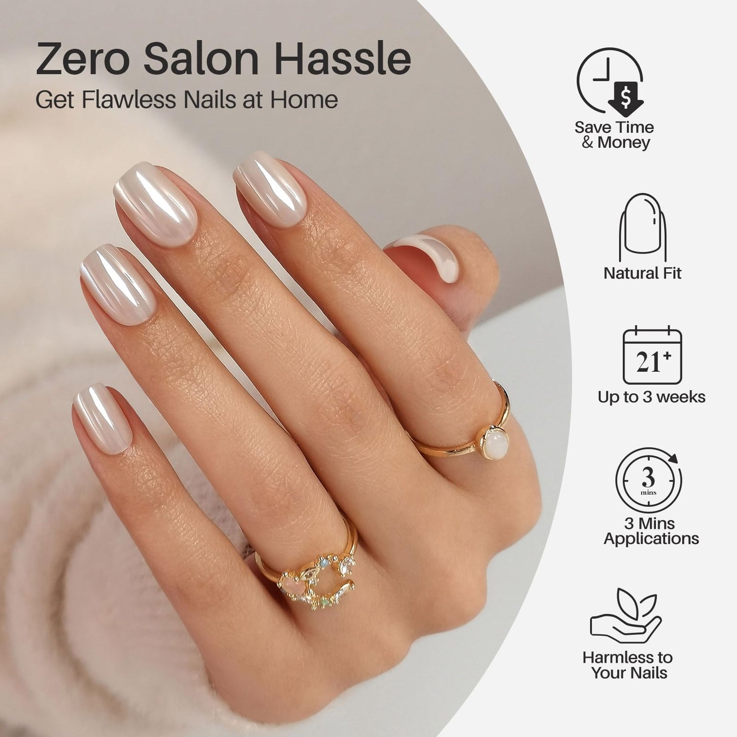 White Chrome Press on Nails Short - SHANGMENG Soft Gel Press on Nails Square for Women Gift, Fit Perfectly & Glossy Glue on Nails in 16 Sizes - 32 Reusable Fake Nails with Glue, Pearl White