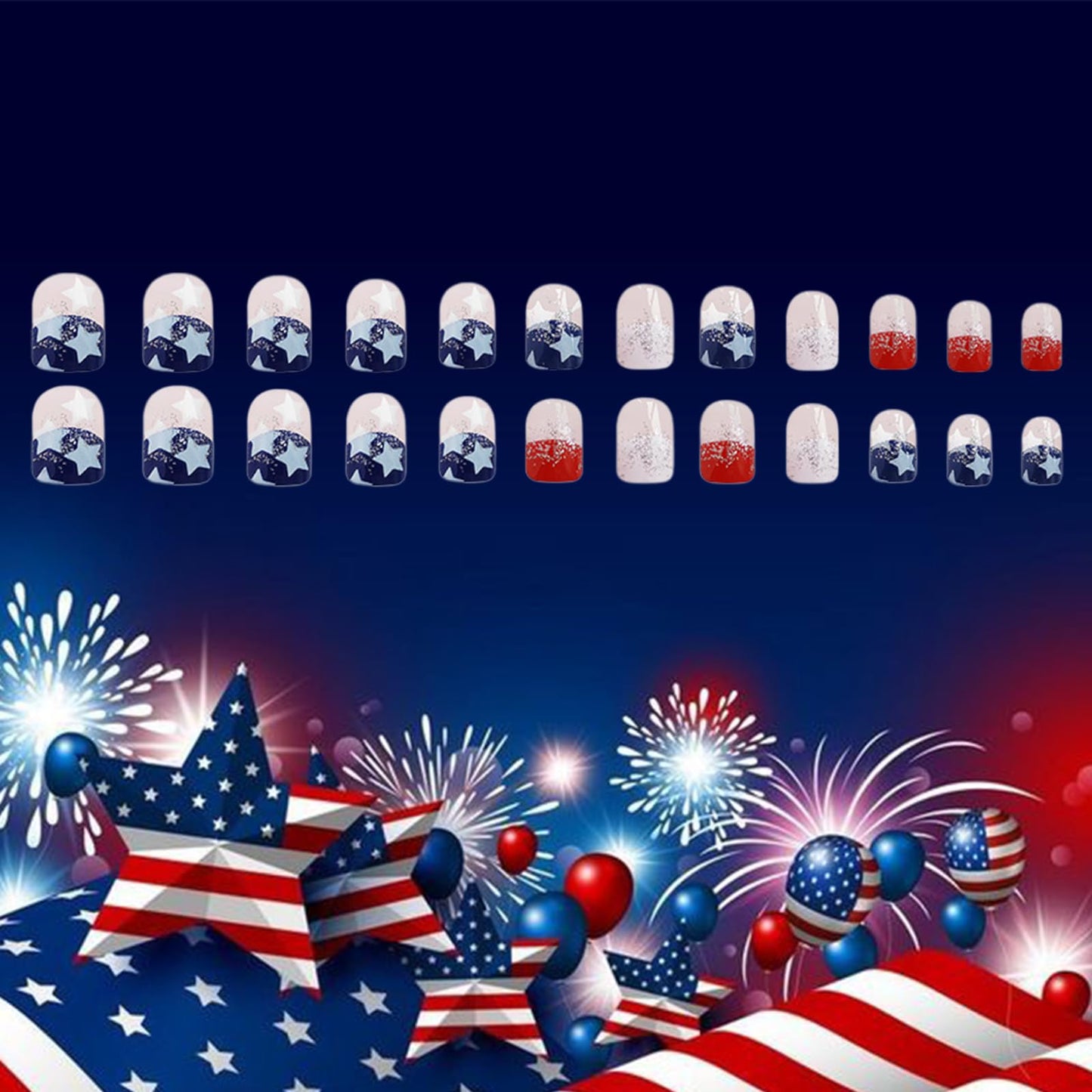 4th of July Blue Press on Nails Short Square Independence Day Fake Nails blue white stars Glitter Nails Design Full Cover Stick on Nails Patriotic Artificial Nails for Women DIY Manicure 24pcs