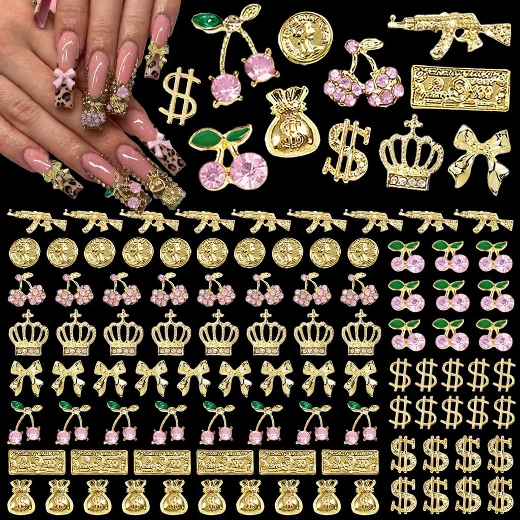 Pizadix 106Pcs Gold Pink Nail Art Charms, 3D Pink Cherry Money Bag Coin Gun Jewelry, Y2K Kawaii Luxury Designer Supplies for Nails