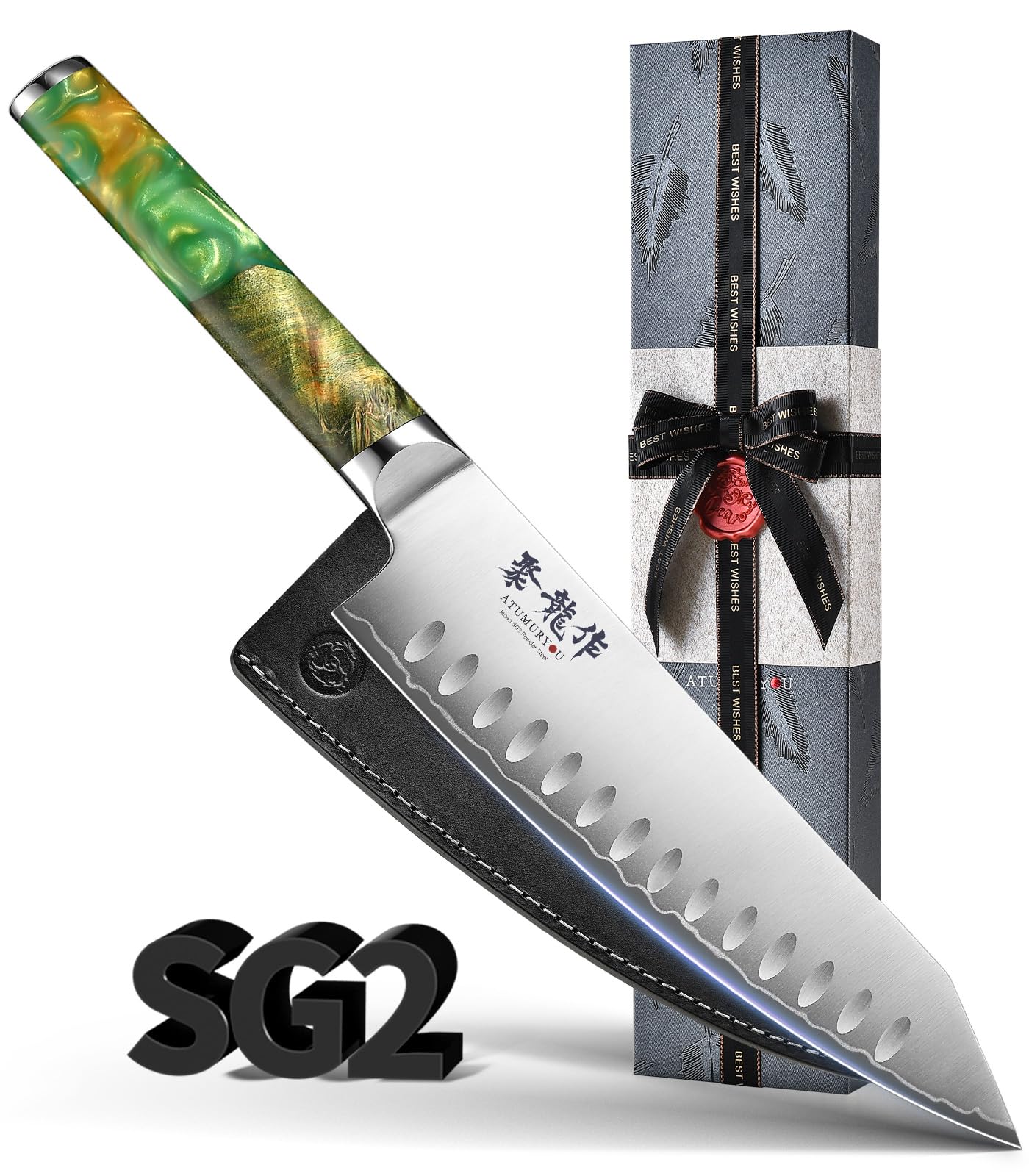 Japanese Chef Knife with SG2 Powder Steel, 8 Inch Professional Kitchen Knives, Handcrafted Kiritsuke Knife with Unique Jade Green Ergonomic Handle, Superior Edge Retention & Exceptional Durability