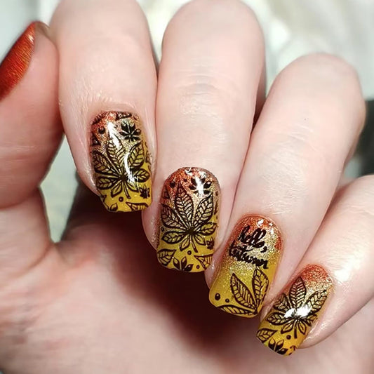 EYZOTSF Thanksgiving Press on Short Square Nails Acrylic Fall False Nails with Maple Leaf Designs Artificial Autumn Leaves Square Fake Nails Holiday Glue Stick ons Fingernails for Women(YS693)