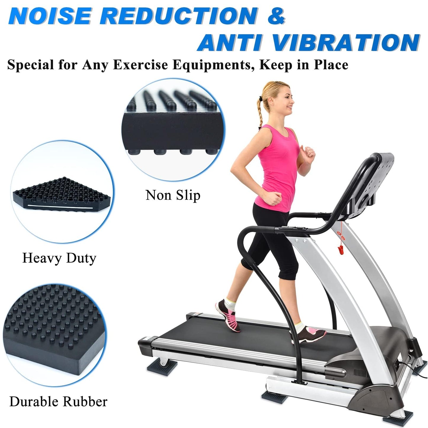 BXI Exercise Equipment Mat Heavy Duty - 4 x 4 x 0.8 Inches 6 Pcs Non Slip Noise Reduction Anti Vibration Treadmill Stationary Bike Mats, Thick Steel Embedded Rubber Pad for Hardwood Floors & Carpet