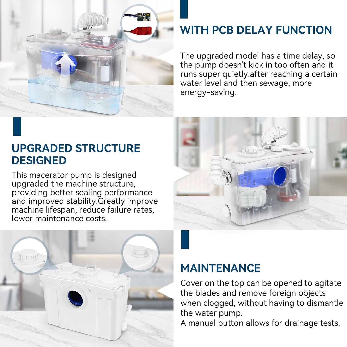 1200W Macerator Pump with PCB Function Toilet Pump Utility Sink Pump Upflush to 39.4FT 2800GPH Macerating Toilet System with 5 Water Inlets 2 Outlets for Toilet Sink Shower Laundry Kitchen Basement