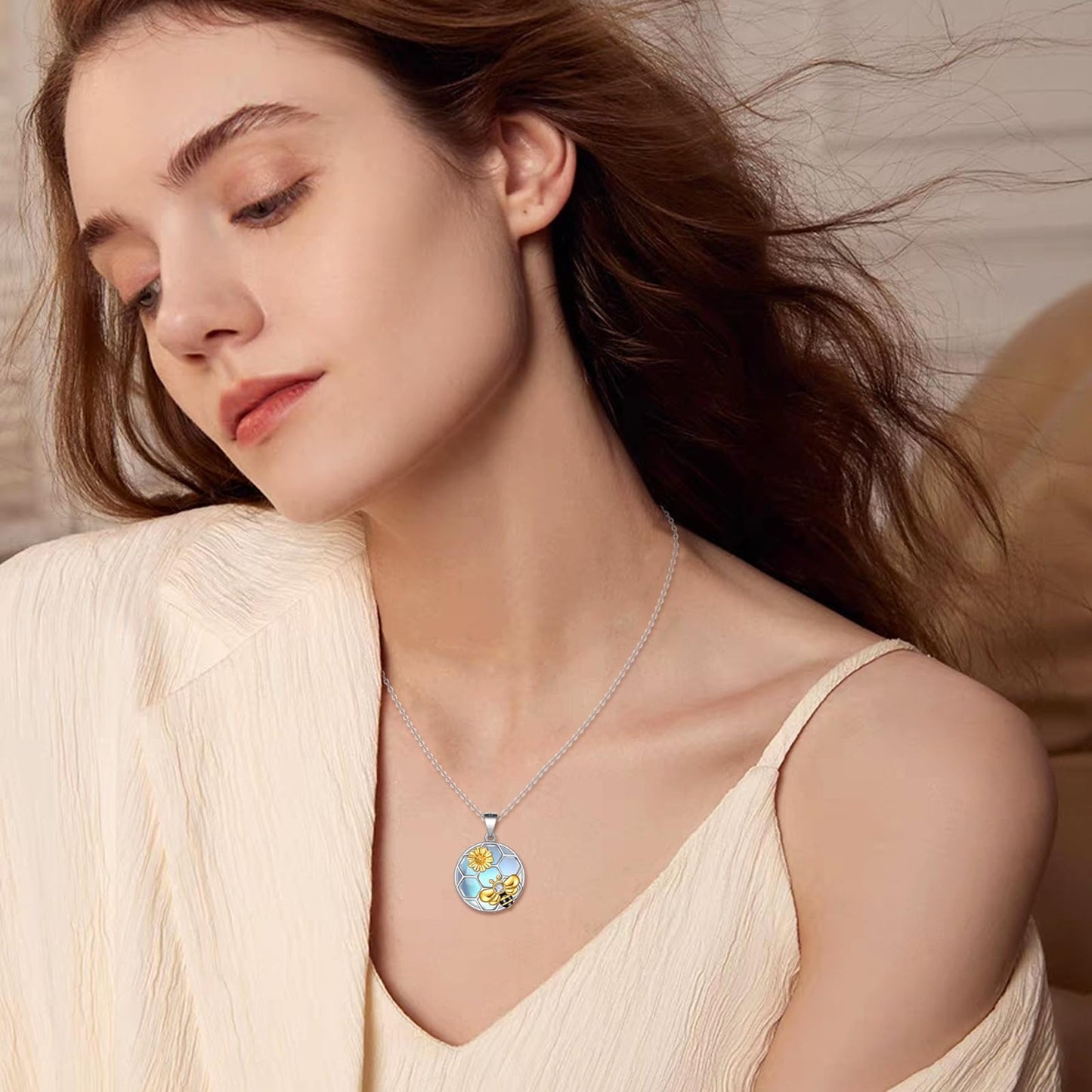 LUHE Bee Necklace 925 Sterling Silver Moonstone Necklace Honeycomb Cute Flower Pendant Necklaces for Women Christmas Gifts for Her Women