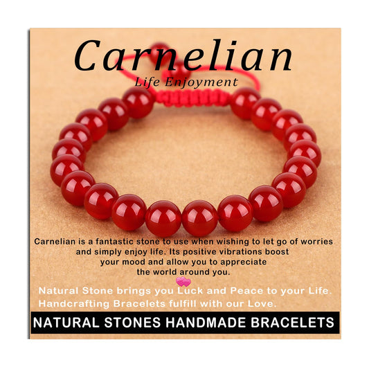 AD Beads 8mm Carnelian Bracelet - Stone of Life Enjoyment - Handmade Natural Stone Crystal Bracelet with Adjustable Macrame String - Yoga Healing Power Energy Gifts for Men and Women