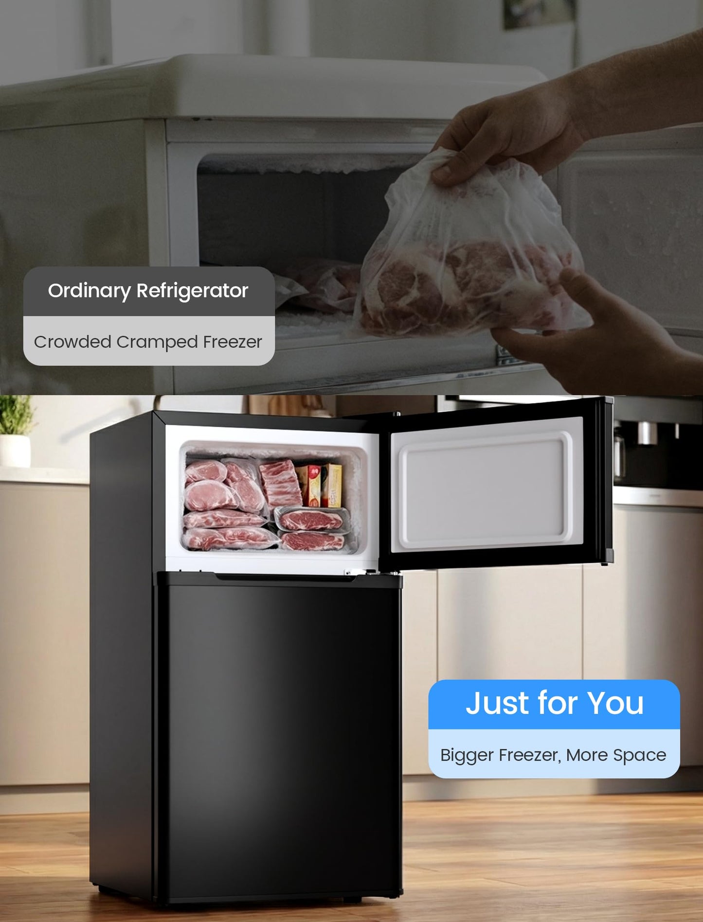 COWSAR 2.5 Cu.Ft Dorm Fridge with Freezer, Double Reversible Door Compact Refrigerator with 2 Removable Shelves, Commercial Drink Fridge for Bedroom, Office, Kitchen, Dorm, Black