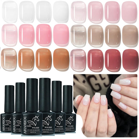 AHAMIOU Gel Nail Polish Nude Gel Polish Kit Sheer Milky White Icy Jelly Translucent Gel Polish Set Color Neutral Soak Off Art Home DIY Manicure Salon Varnish (6Colors set, 6PCS)