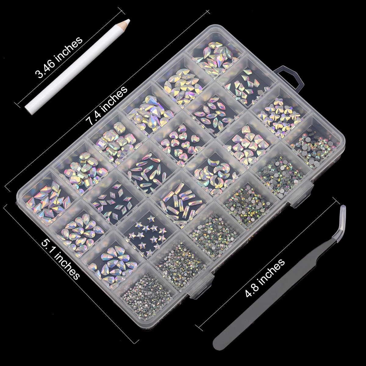 TEEKME Nail Rhinestones Kit 24-Grid, 2800PCS Crystal AB Flatback Glass Gems, 18 Shapes 6 Sizes Round Diamonds for Gel Acrylic Nails, Salon DIY Manicure Supplies with Storage Case, Tweezers, Wax Pen