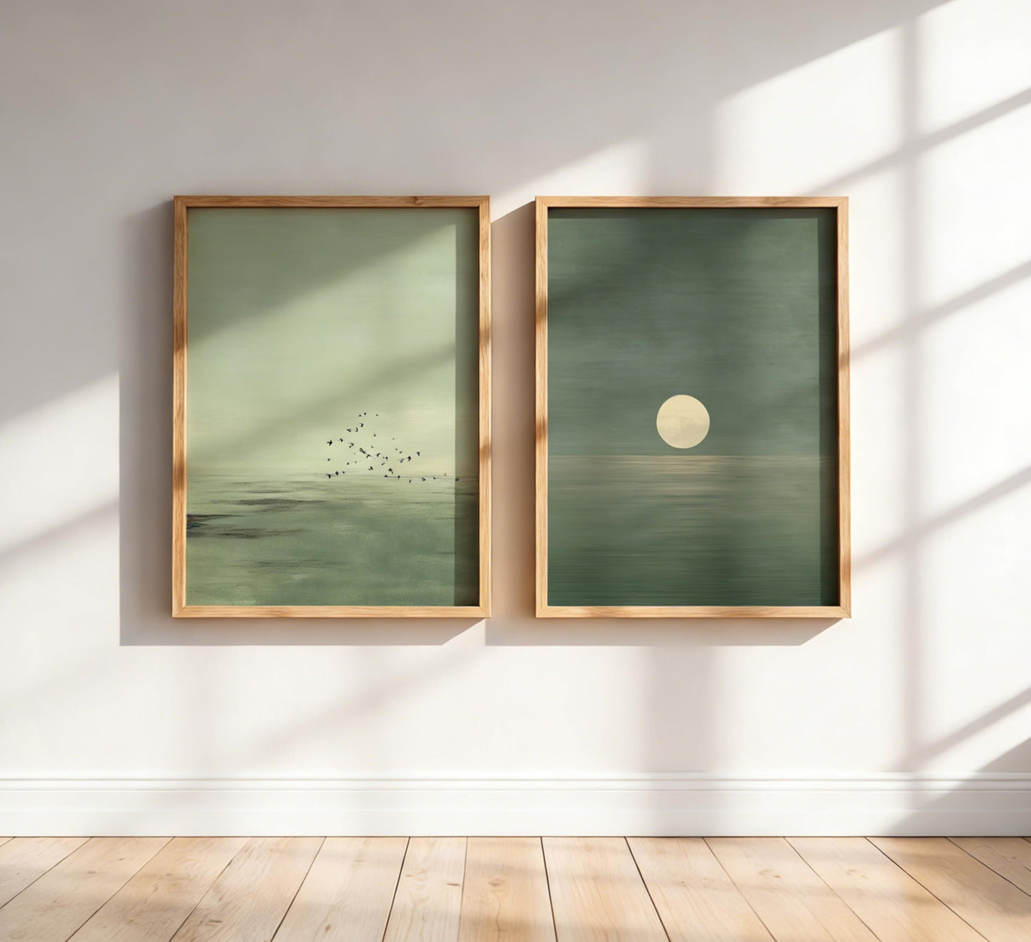 Framed Minimalist Sunset Wall Art Green Ocean Landscape Wall Decor Scandinavian Zen Painting Picture Abstract Landscape Poster Prints Artwork for Bedroom Living Room Office Meditation Room