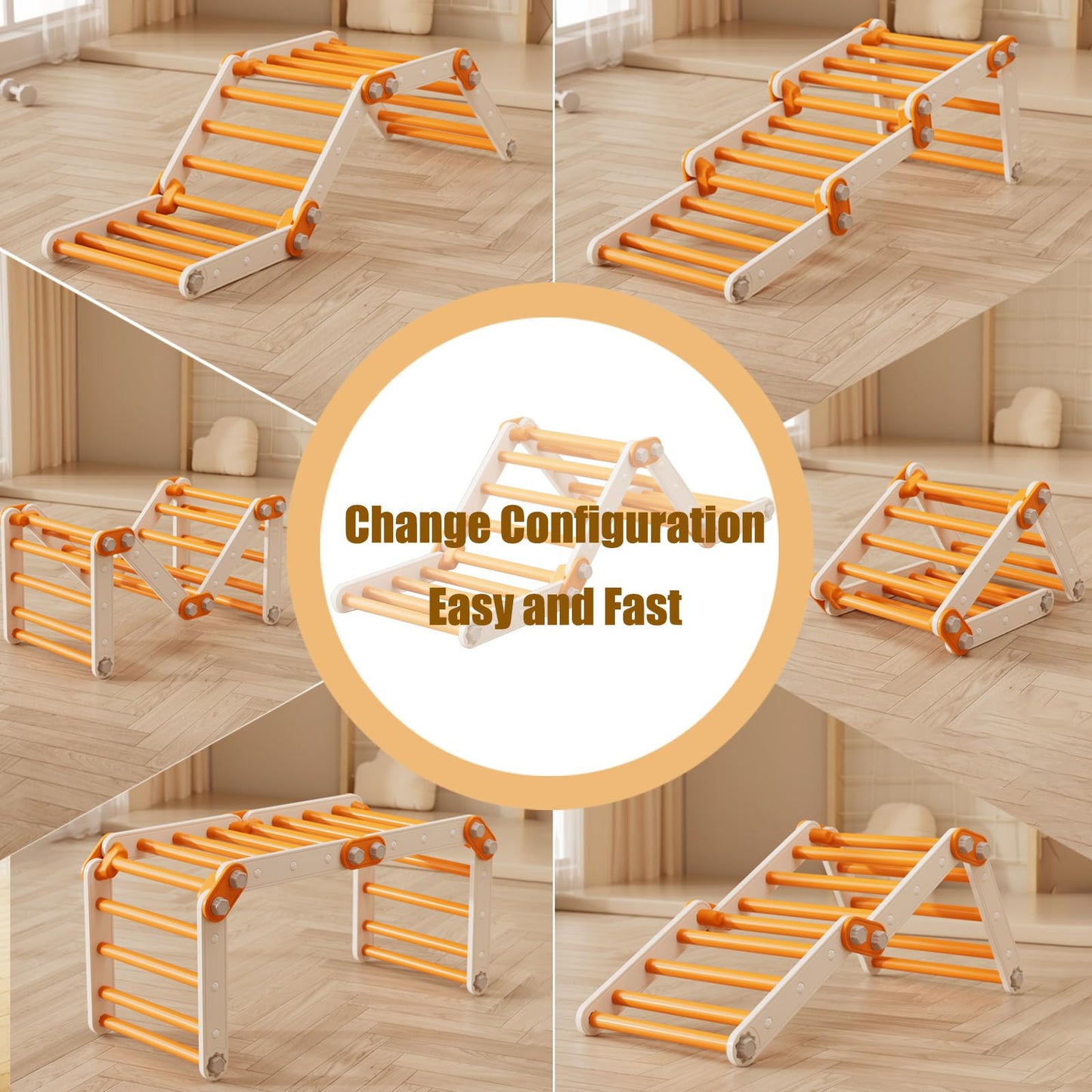 HTWELL Toddler Climbing Toys,Kids Pikler Triangle Set,Montessori Indoor Play Gym,Multifunction Foldable Indoor Climbing Gym for Kids(Orange)