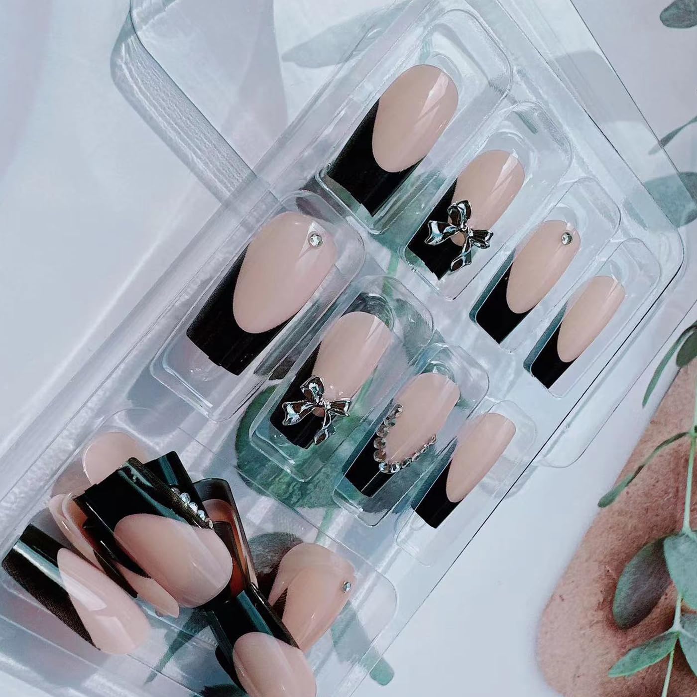 24Pcs Black French Press on Nails Long Coffin Fake Nails with Charm Bow Design,French Tip DIY Manicure Square False Nails Press ons Glitter Rhinestone Nails Kit for Women,Daily Wear Nail Decorations
