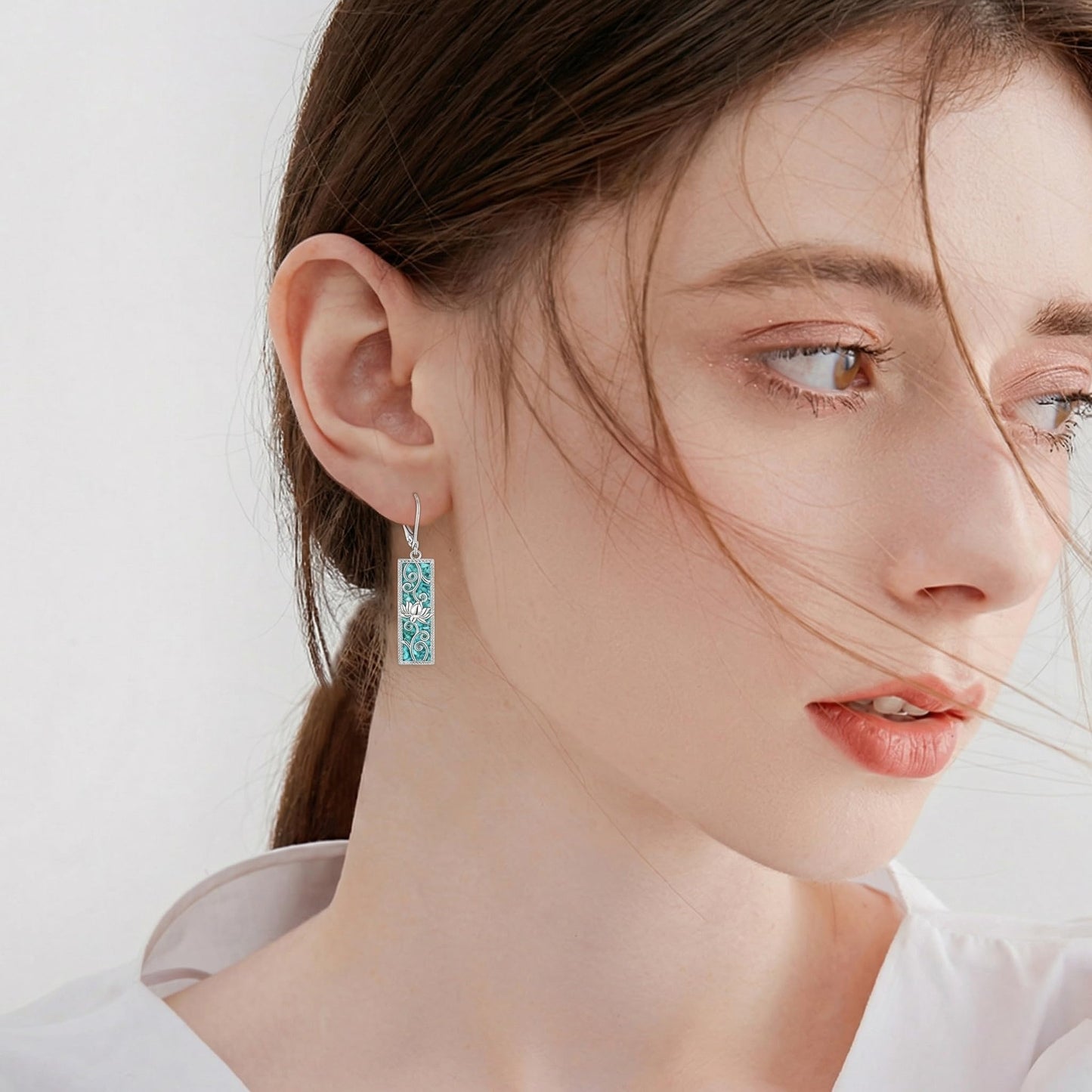 Lotus Earrings 18k White Gold Plated Lotus Filigree Turquoise Dangle Earrings Filigree Turquoise Jewelry Gift for Women Mom