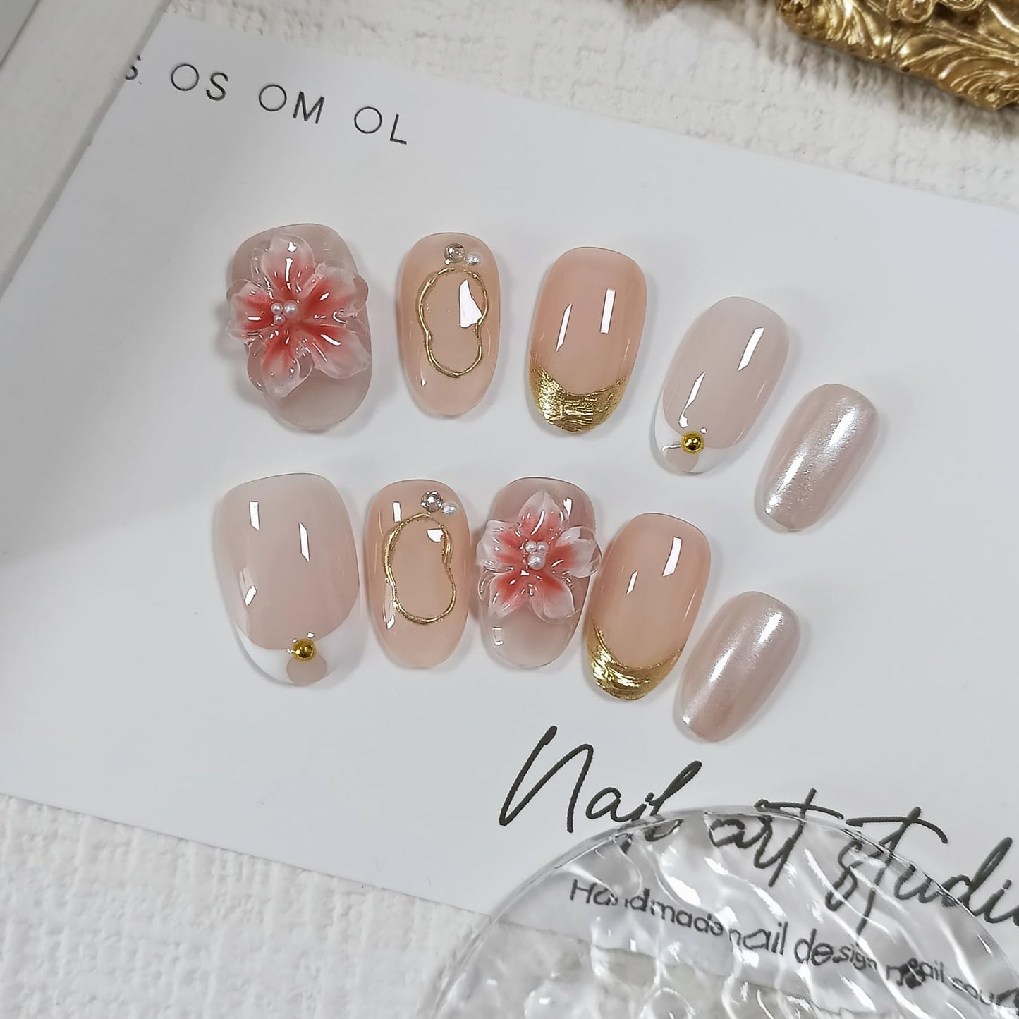 TENPAL Handmade Short Oval Fake Nails Kits,Glossy 3D Floral Iridescent White French Tips Press on Nails,Nude Pink Soft Gel Fake Nails 10pcs Kits,Full Cover Cute Nails with Designs for Daily(L Sizes)
