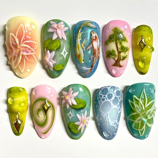 24Pcs Green Press on Nails Medium Almond Fake Nails with Lotus and Lucky Koi Design, Glossy Full Cover Stick on Nails Wearable Spring Summer Ins Fake Nail Tips for Women DIY Manicure Daily Wear