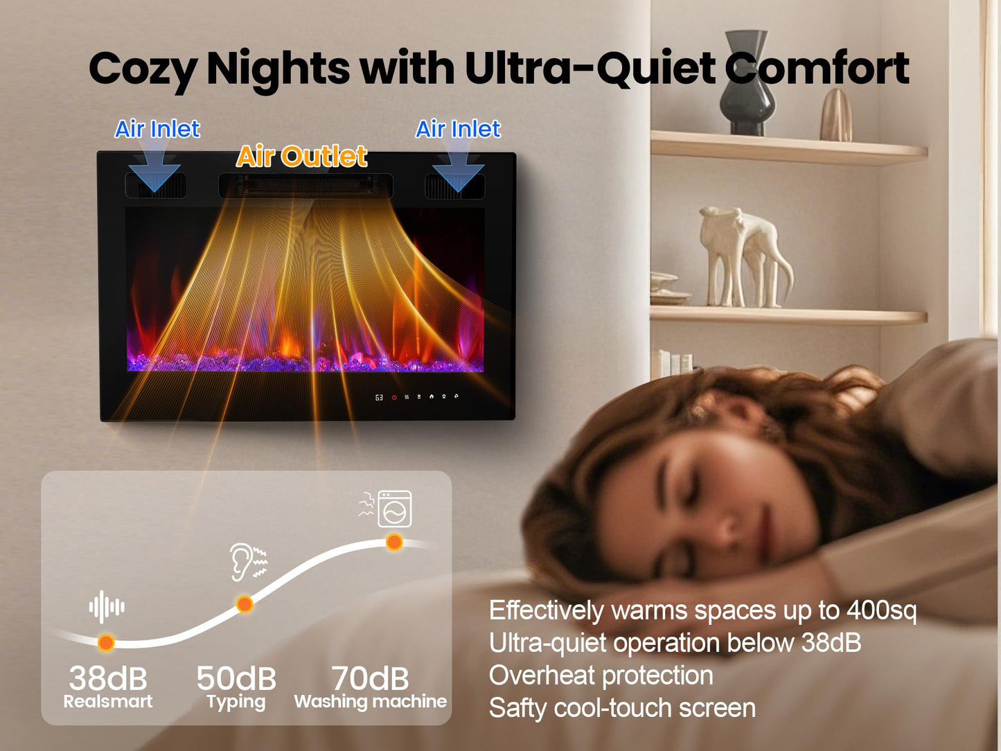 Electric Fireplace Insert 36" Realsmart 1500W Wall Mounted Fireplaces Recessed Heaters Remote Control Slim Black Fireplace Touch Screen Timer 12 Flame Colors LED Decor Low Noise